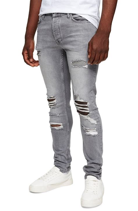 topman denim ripped skinny jeans in grey gray for men lyst