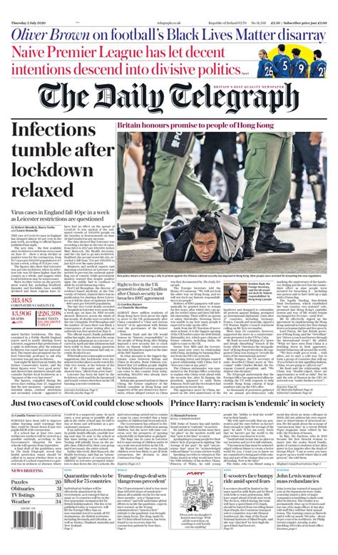 Daily Telegraph Front Page 2nd Of July 2020 Tomorrow S