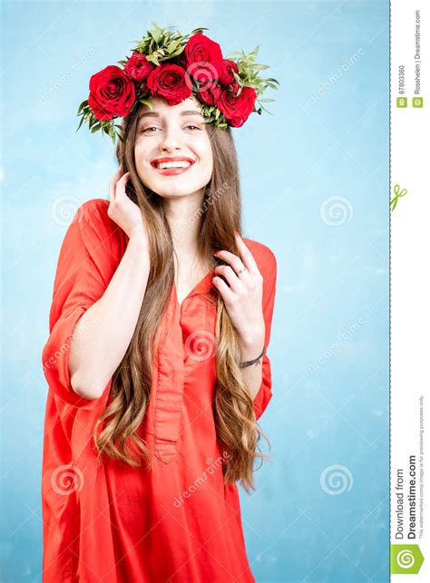 colorful portrait of a woman with flower wreath stock