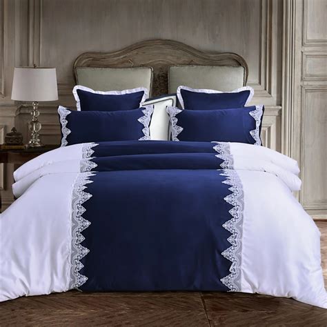 pcs luxury silk satin cotton lace bedding sets twin queen king size adults kids blue white