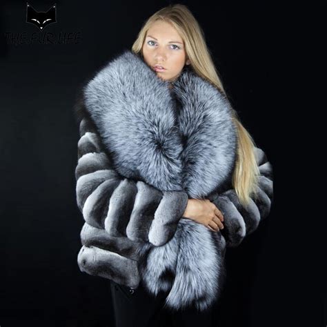 Creative Chinchilla Rex Rabbit Furs Coat With Oversized Fox Fur Collar