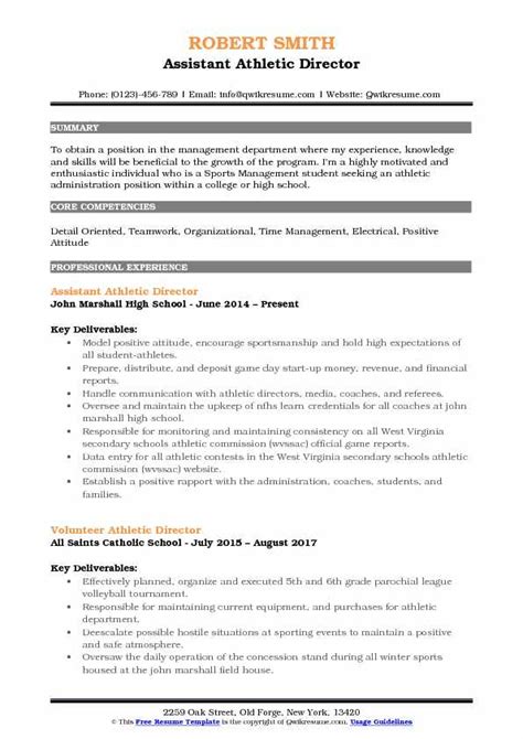 assistant athletic director resume samples qwikresume