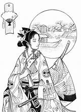 Samurai Sacura Geisha Colouring Pirograbado Dover sketch template