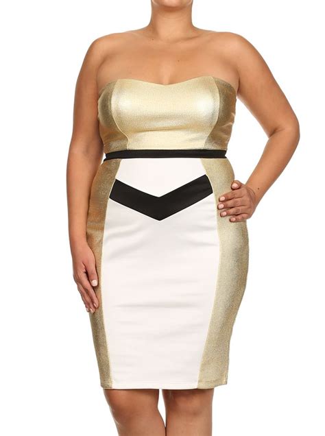 plus size strapless metallic colorblock gold dress plus size clothing