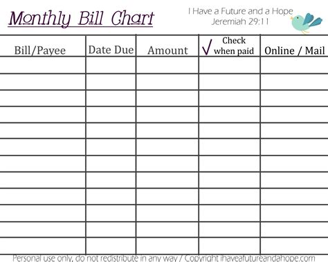 printable monthly bill chart  calendar