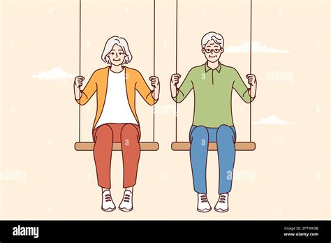 Happy Energetic Elderly Couple Siting On Swings Enjoy Maturity Together