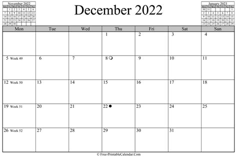 december  calendar horizontal layout