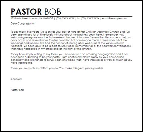 pastor appreciation letter  congregation livecareer