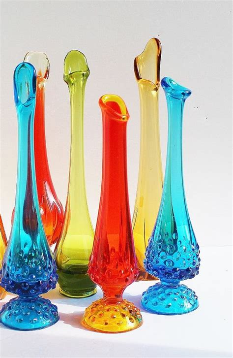 Vintage Peacock Blue Stretch Glass Vase 9 5” Swung Skinny Neck Fenton