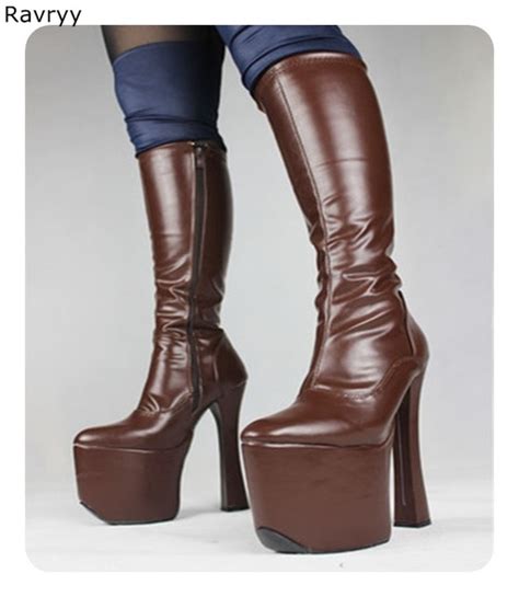 autumn winter fashion woman long boots 20cm platform heel glossy brown