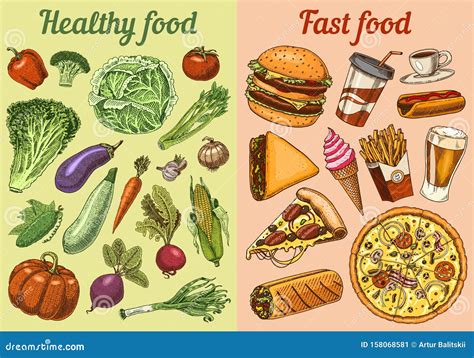 healthy  junk food concept fruits  vegetables  fast nutrition