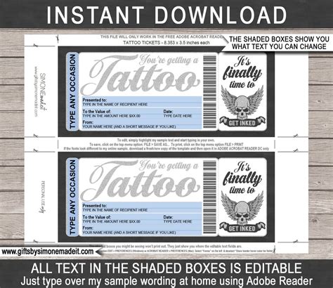 tattoo gift certificate card voucher printable custom template etsy