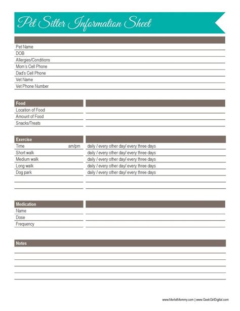 days   printables pet sitter information sheet whisky