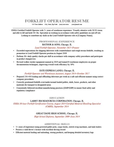 forklift operator resume sample  tips resume genius