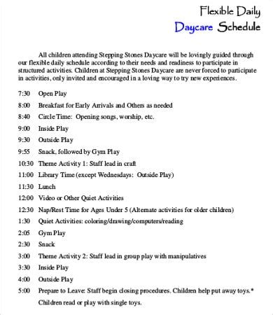 daycare schedule template   word  format