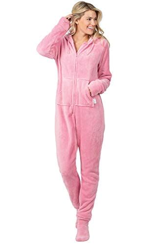 Pajamagram Womens Onesie With Hood – Adult Footie Pajamas Pink Small