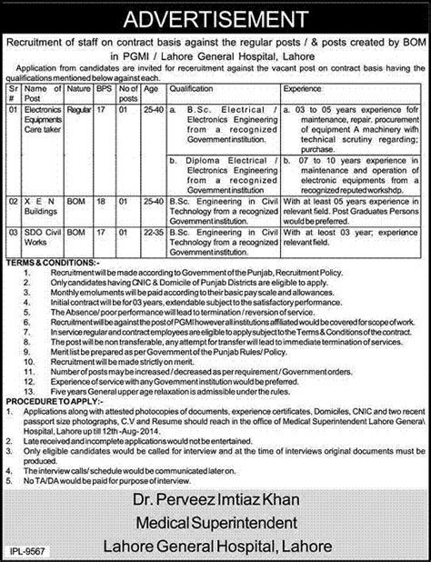 Jobs In Lahore General Hospital Lahore Governmnt And Private Sector