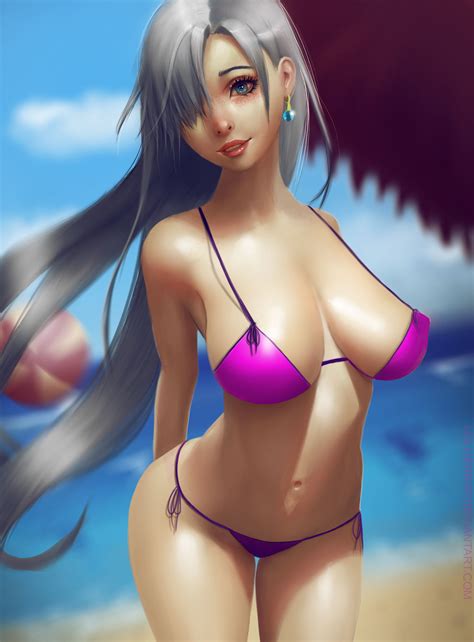 rule 34 1girl arms behind back artist name ball bare shoulders beach beach ball belly bikini