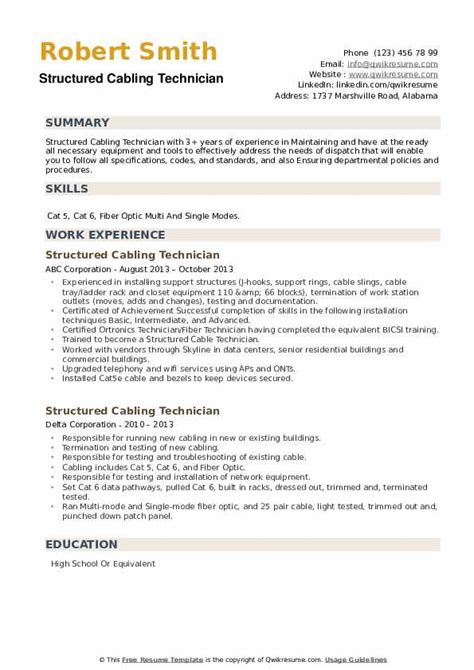 structured cabling technician resume samples qwikresume