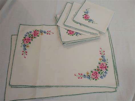 vintage floral cross stitch hand embroidered placemats table etsy