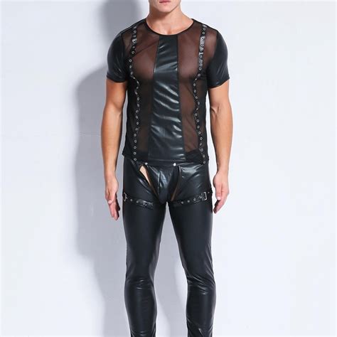 2018 men sexy faux leather mesh t shirts male fashion undershirts men
