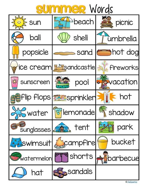 summer vocabulary list  words  pictures  summer vocabulary summer words summer