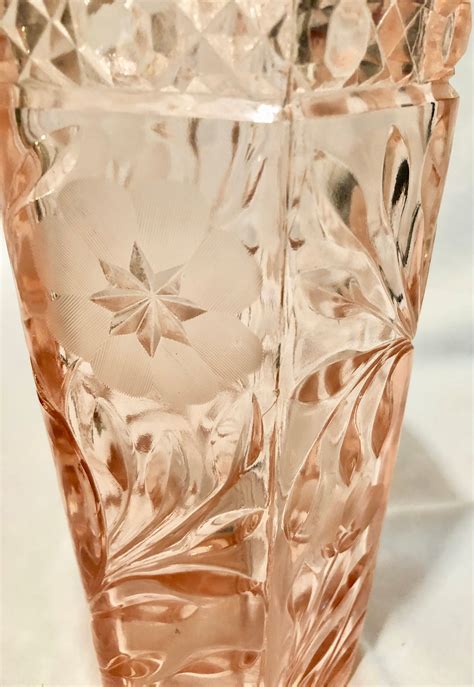 Blush Pink Depression Cut Glass Vase With Floral Tic Tac Toe Pattern