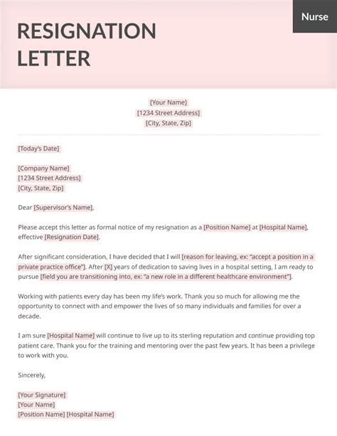 letter  resignation template nursing