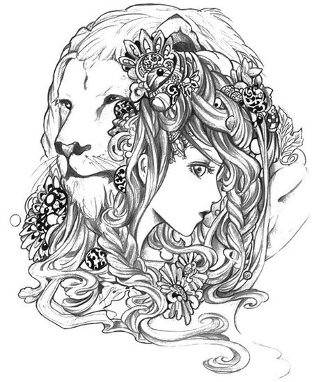 advanced abstract coloring pages  lion  girl  adults