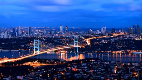 photo istanbul turkey megapolis bridge night time houses