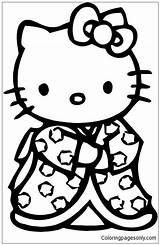 Japanese Pages Kitty Hello Kimono Coloring Color Print Cartoons sketch template