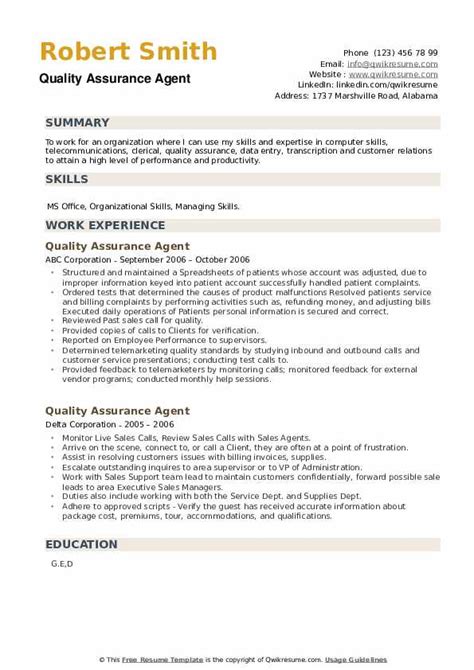 quality assurance agent resume samples qwikresume