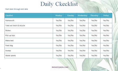 daily checklist template mous syusa