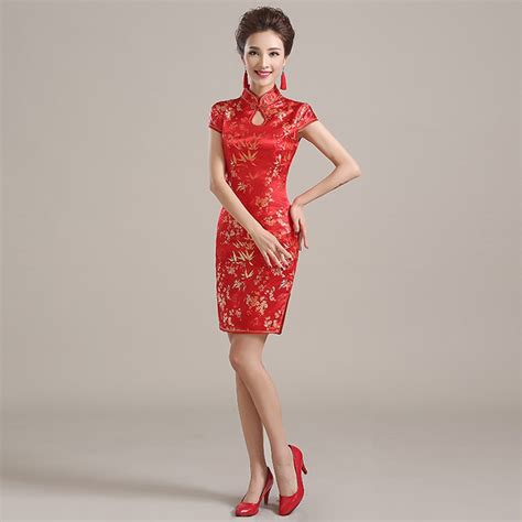 wedding cheongsam red satin woman qipao traditional chinese dress
