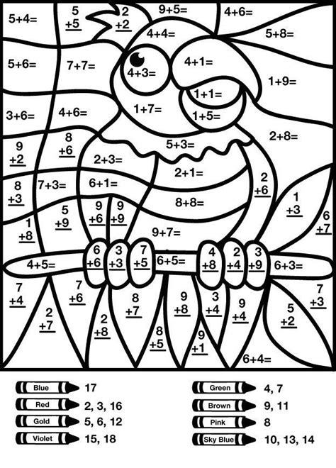 bird addition color  number worksheet math pictures math coloring