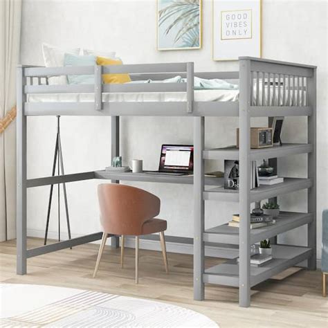 gojane gray full size loft bed  storage shelves   bed desk