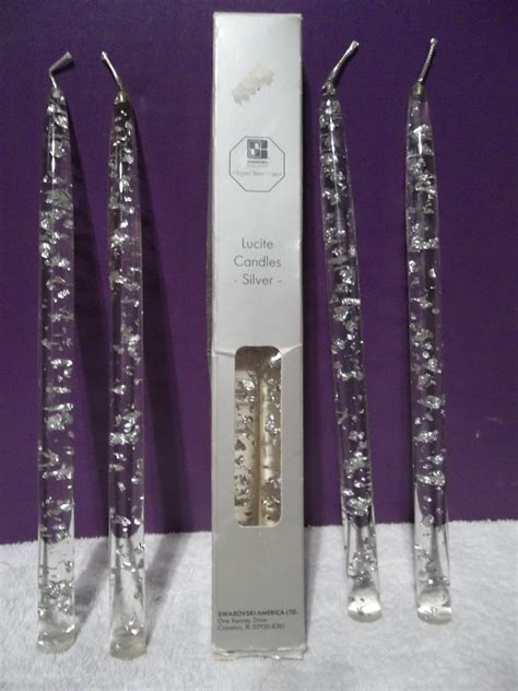 lucite acrylic candlesticks candles  clear  silver flakes