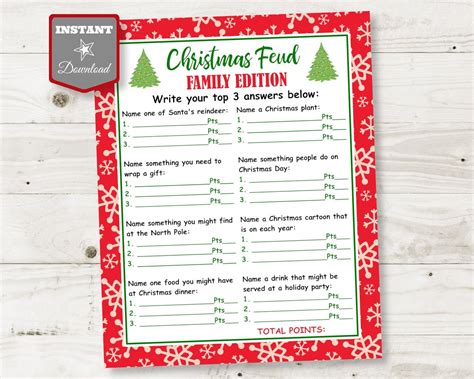 christmas family feud questions  answers printable
