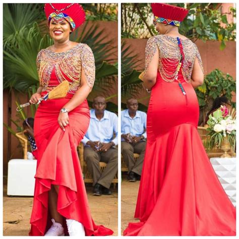 zulu bride  red traditional wedding dress isicholo hat body beads