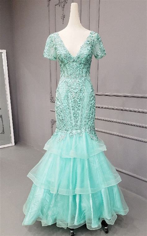 gorgeous long mermaid  neck short sleeves aqua tulle tiered prom evening dress  lace