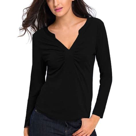 Black V Neck Ladies Long Sleeve T Shirts Online Store For Women Sexy