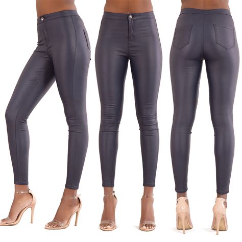 womens black wet look leather jeans skinny trouser leggings size 6 8 10