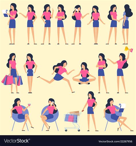 set flat design woman character animation poses vector image