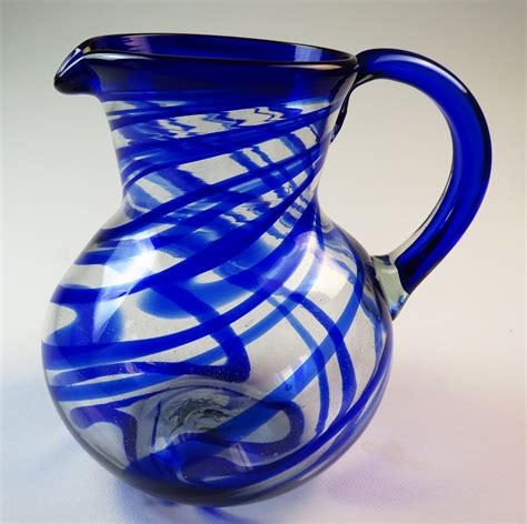 Mexican Glass Margarita Pitcher Blue Swirl From Mexico