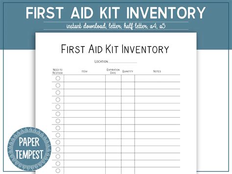 printable  aid kit inventory emergency binder template etsy