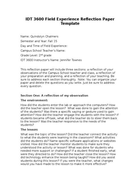 idt  field experience reflection paper template autosaved