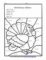 Thanksgiving Math Worksheets Coloring Addition Worksheet Turkey Grade Pages Mystery Activities Digit Second Sheets 2nd Tommy Printables Double Printable Color sketch template