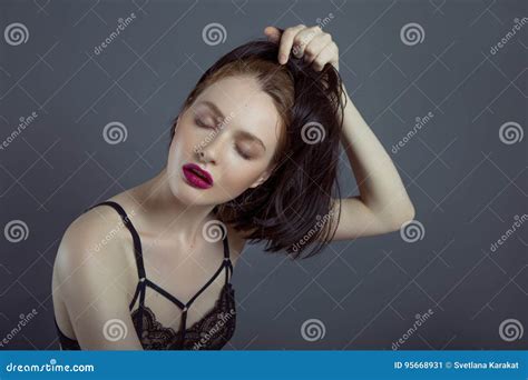 Beautiful Brunette Takes Off Her Wig Stock Image Image Of Female