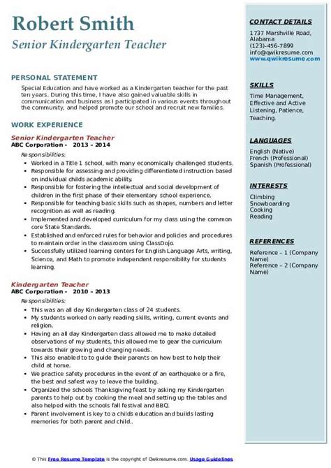 sample resume kindergarten teacher suzndrya