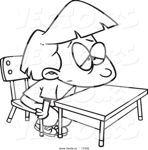 vector   cartoon bored school girl   desk coloring page